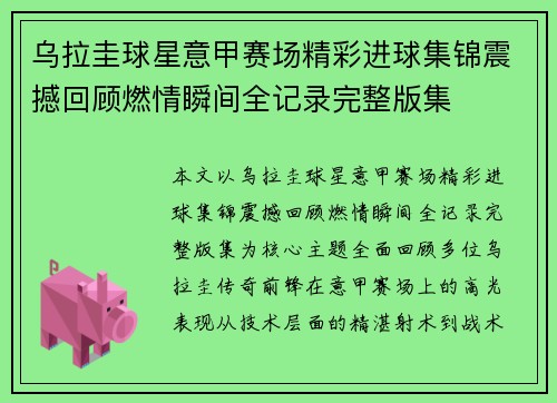 乌拉圭球星意甲赛场精彩进球集锦震撼回顾燃情瞬间全记录完整版集